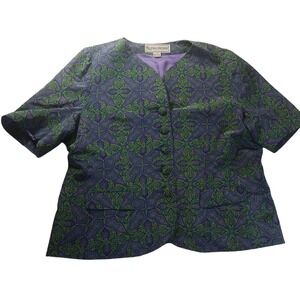 VTG Evan Picone 100% Silk Blouse Size 16 Green Purple Pattern Button Front Top